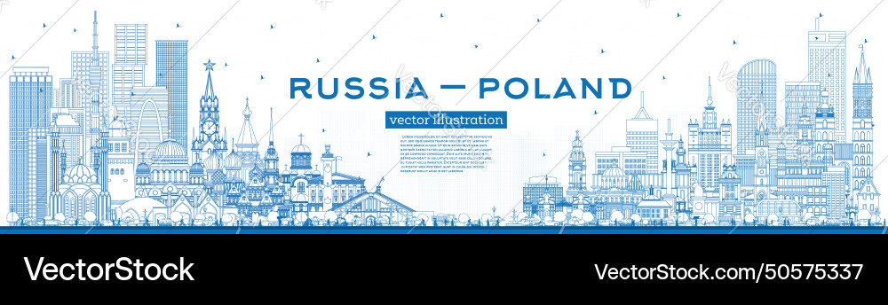 Outline russia and poland skyline with blue Outline russia and poland skyline with blue vector image