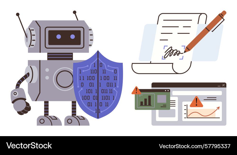 Robot with a shield digital signature on document vector image