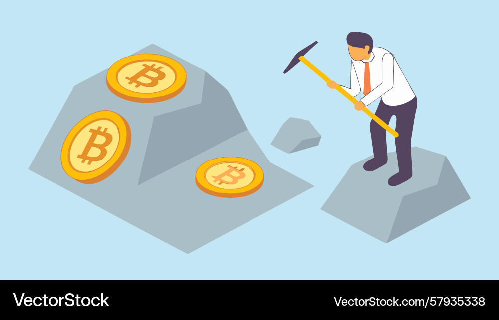 Bitcoin mining isometric with pickaxe Vector Image