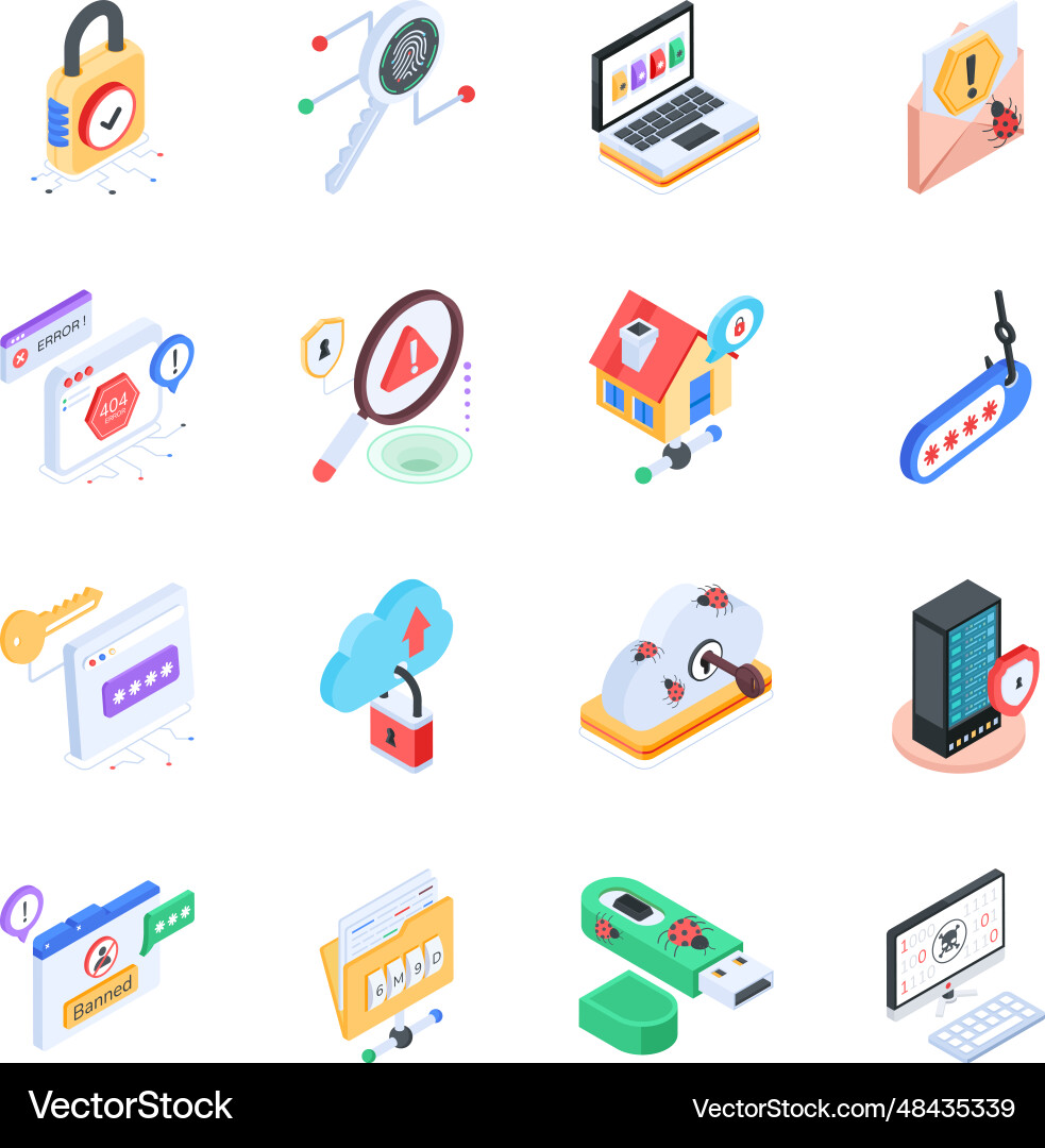 Bundle of security and hacking isometric icons Vector Image
