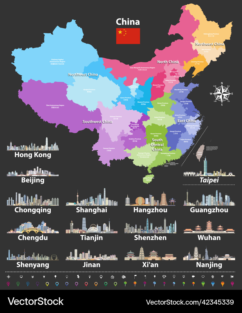 China colored by regions with largest chinese China colored by regions with largest chinese vector image