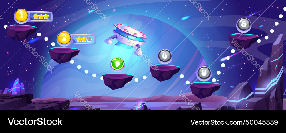Space travel game map with floating platforms Space travel game map with floating platforms Vector Image