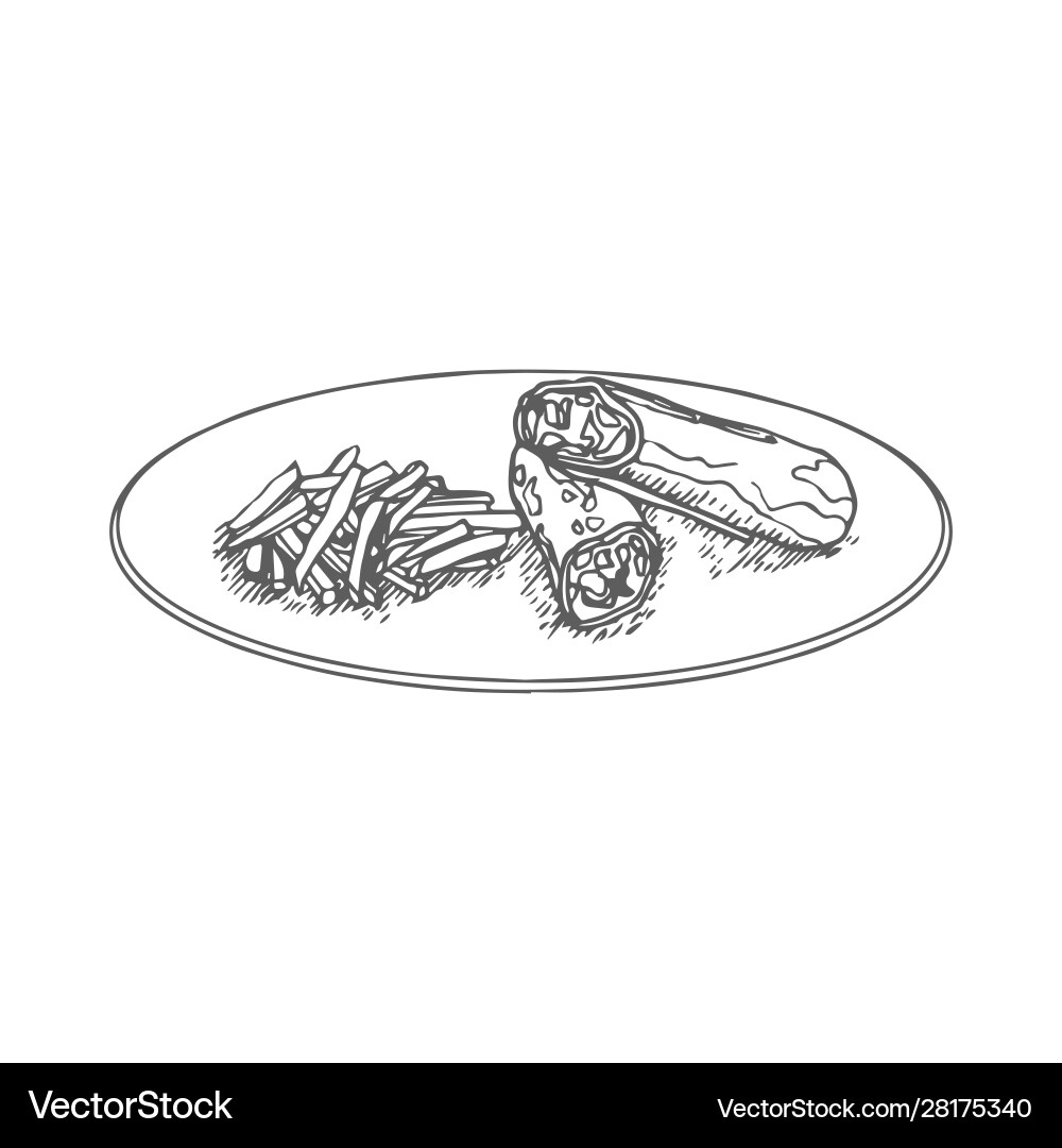 Burritos with fried potatoes hand drawn on white Burritos with fried potatoes hand drawn on white vector image