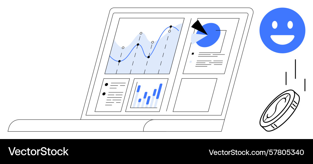 Laptop dashboard with analytics graphs pie chart vector image