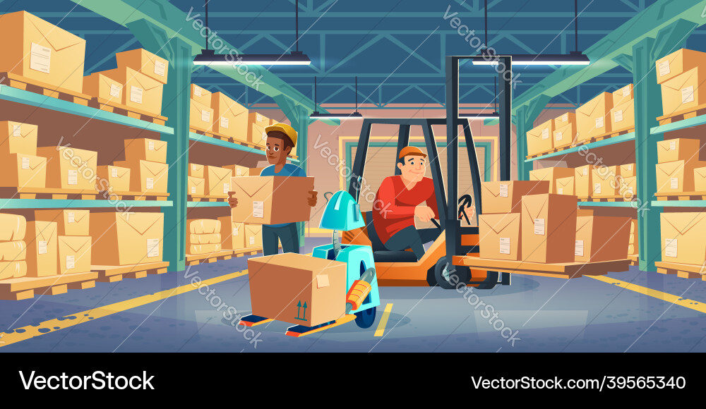 Warehouse with Workers and Robot Vector Image