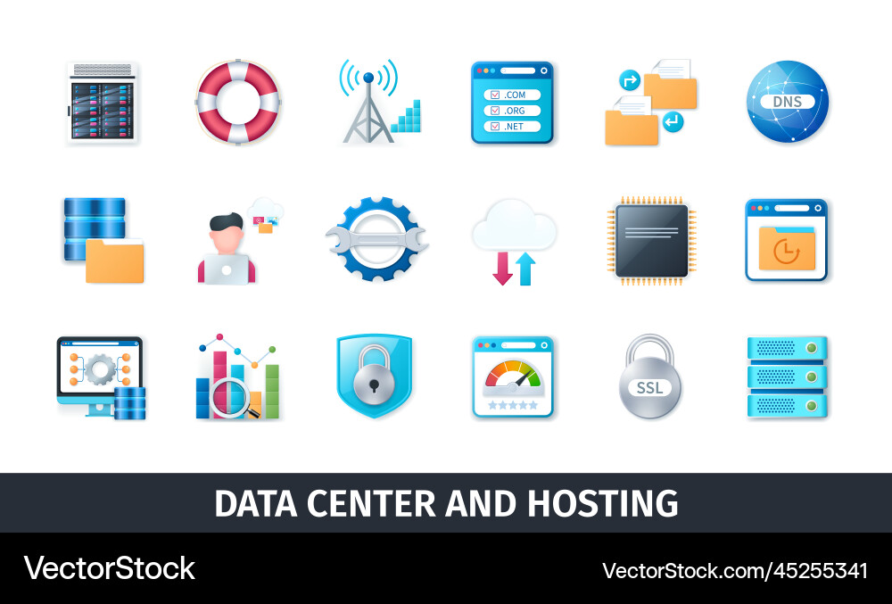 Data center and hosting 3d icons set vector image