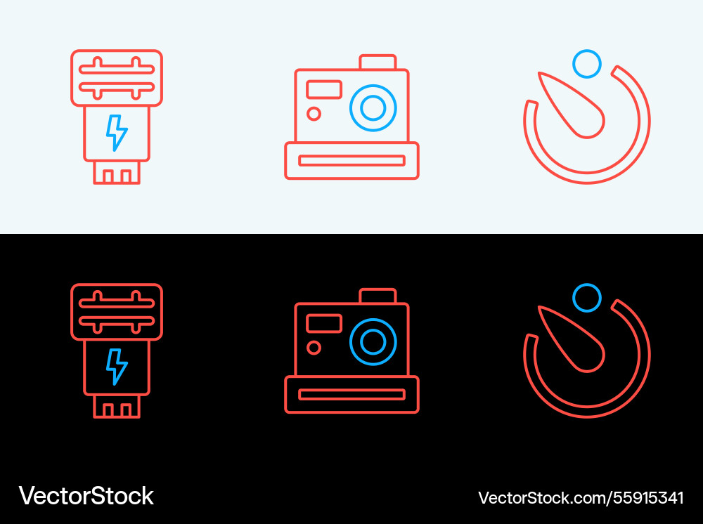 Set line camera timer photo flash and icon Set line camera timer photo flash and icon vector image