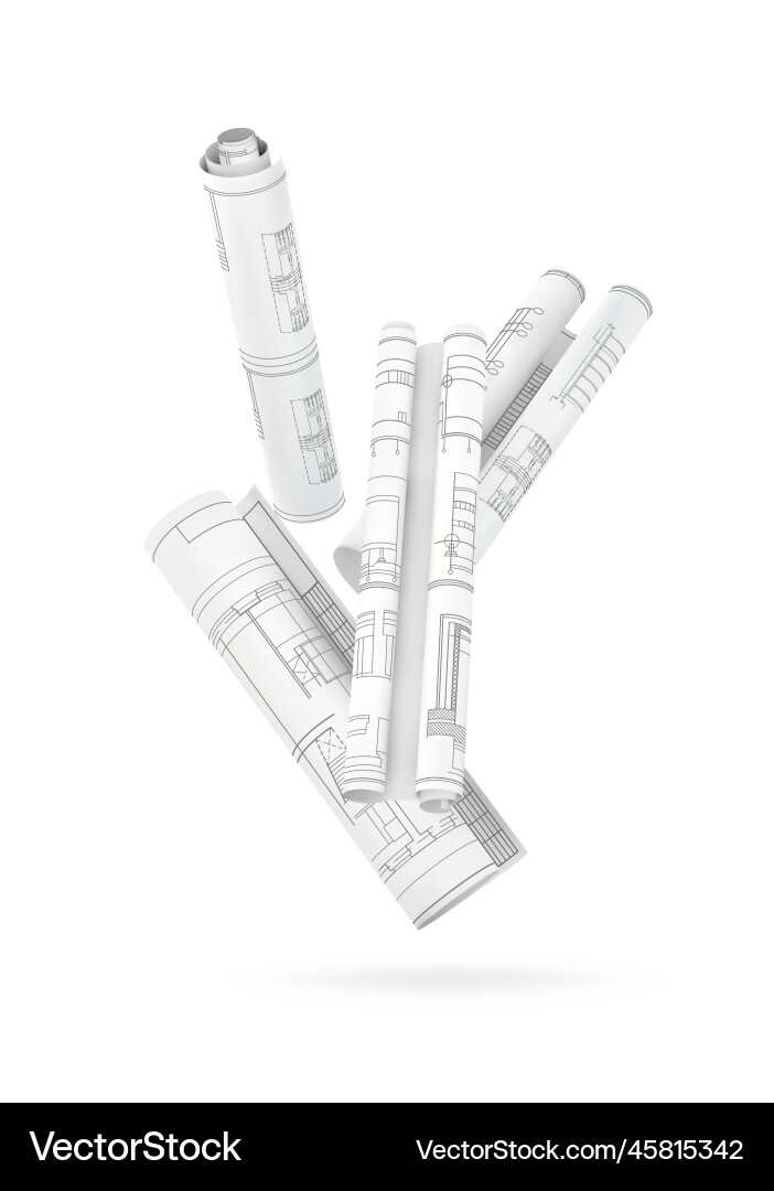Pencil ruler and scrolls of paper with blueprints Pencil ruler and scrolls of paper with blueprints vector image