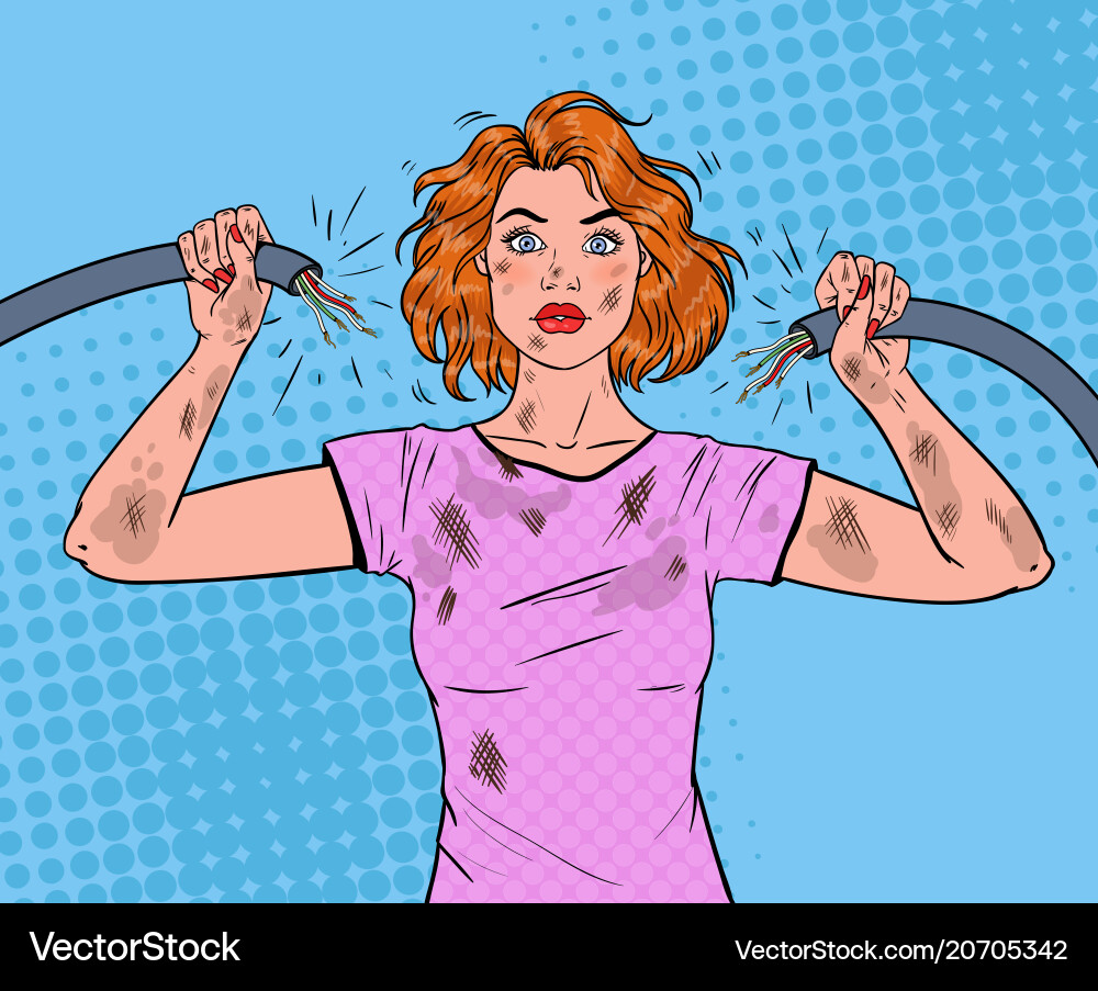 Pop art woman holding broken electrical cable Pop art woman holding broken electrical cable Vector Image