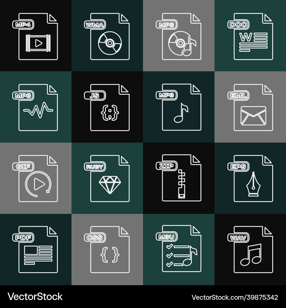 Set line wav file document eps eml mp3 js mp4 Vector Image