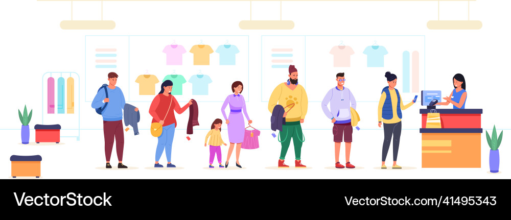 Clothes shopping queue shoppers queues at counter vector image