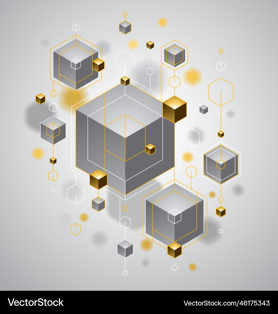 Cubes cluster with golden elements lines and dots Cubes cluster with golden elements lines and dots Vector Image