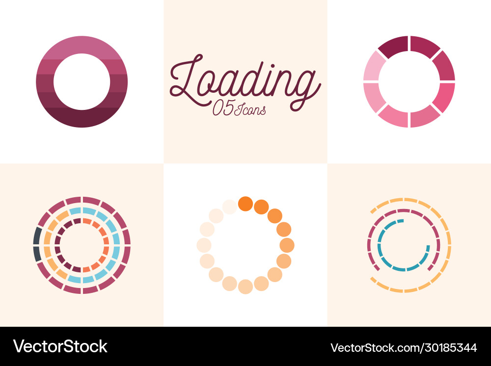 5 loading circles flat style icon set Vector Image