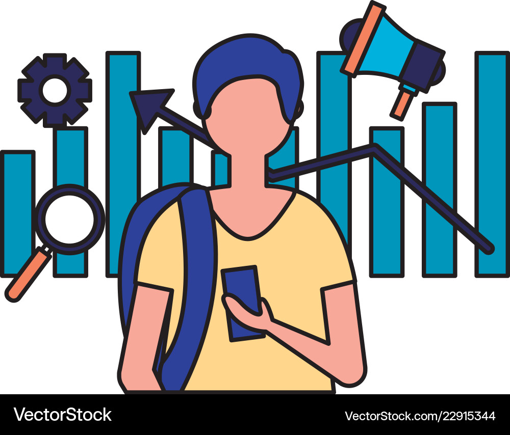 Man using mobile chart report marketing vector image