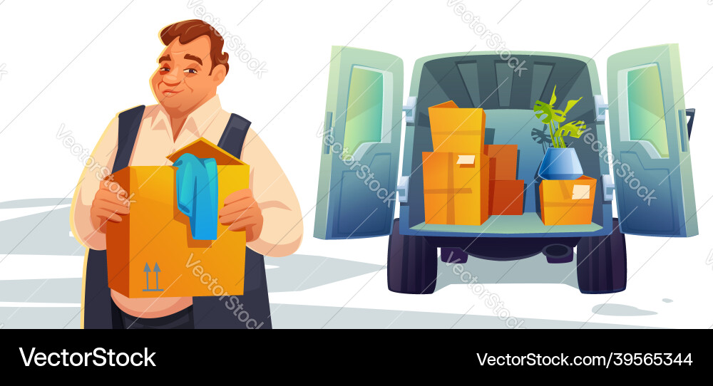 Move to new house relocation man loading boxes Move to new house relocation man loading boxes vector image