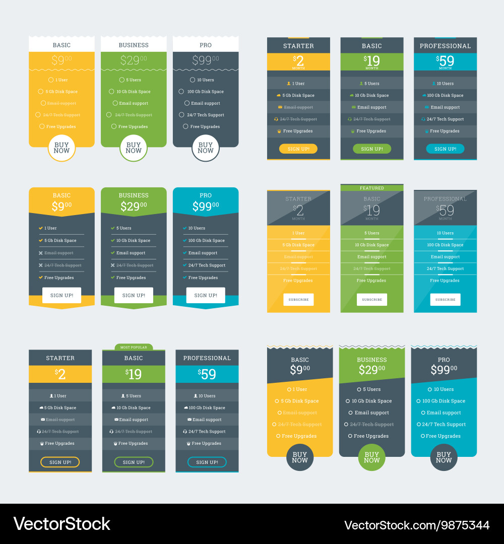 Set of pricing table design templates for websites vector image