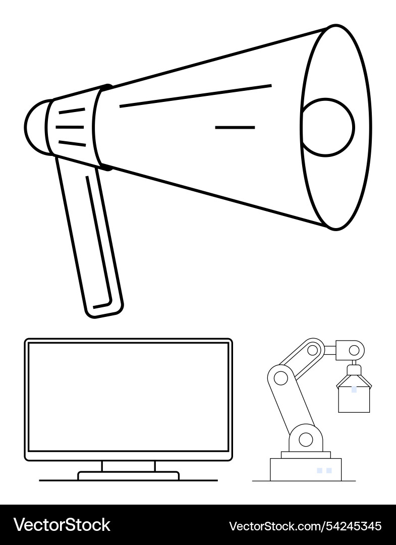 Megaphone computer monitor and industrial robot Megaphone computer monitor and industrial robot Vector Image