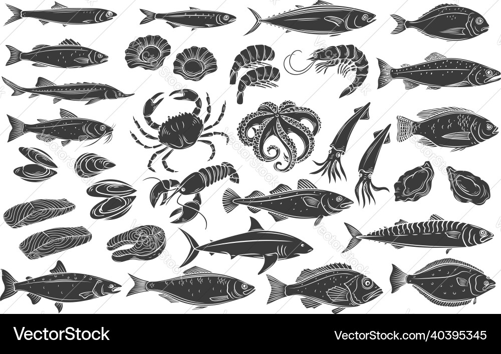 Seafood and fish glyph Seafood and fish glyph Vector Image