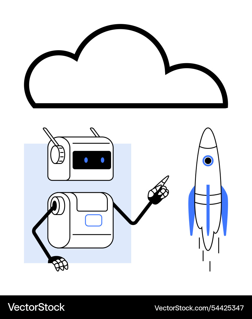 Robot pointing at rocket and cloud highlighting Robot pointing at rocket and cloud highlighting Vector Image