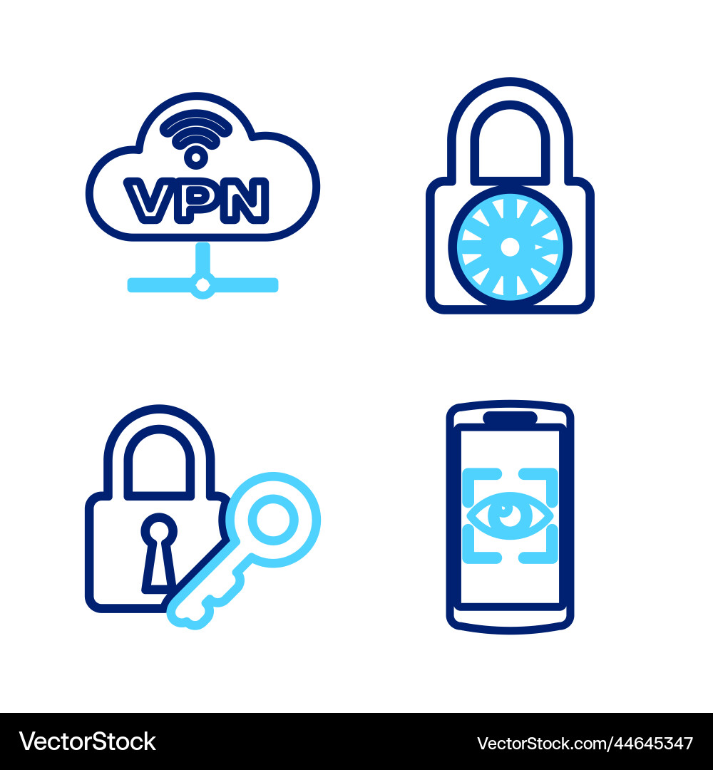 Set line mobile and eye scan lock key safe Vector Image