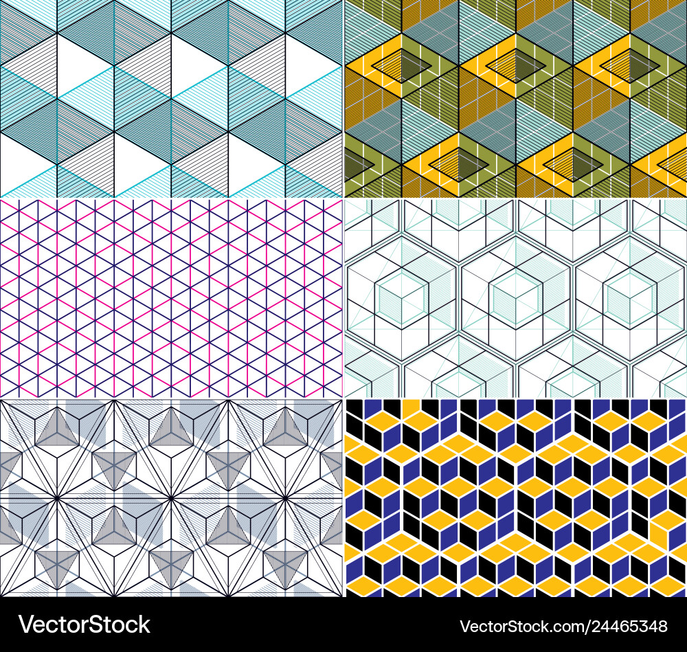 Geometric cubes abstract seamless patterns set 3d Vector Image
