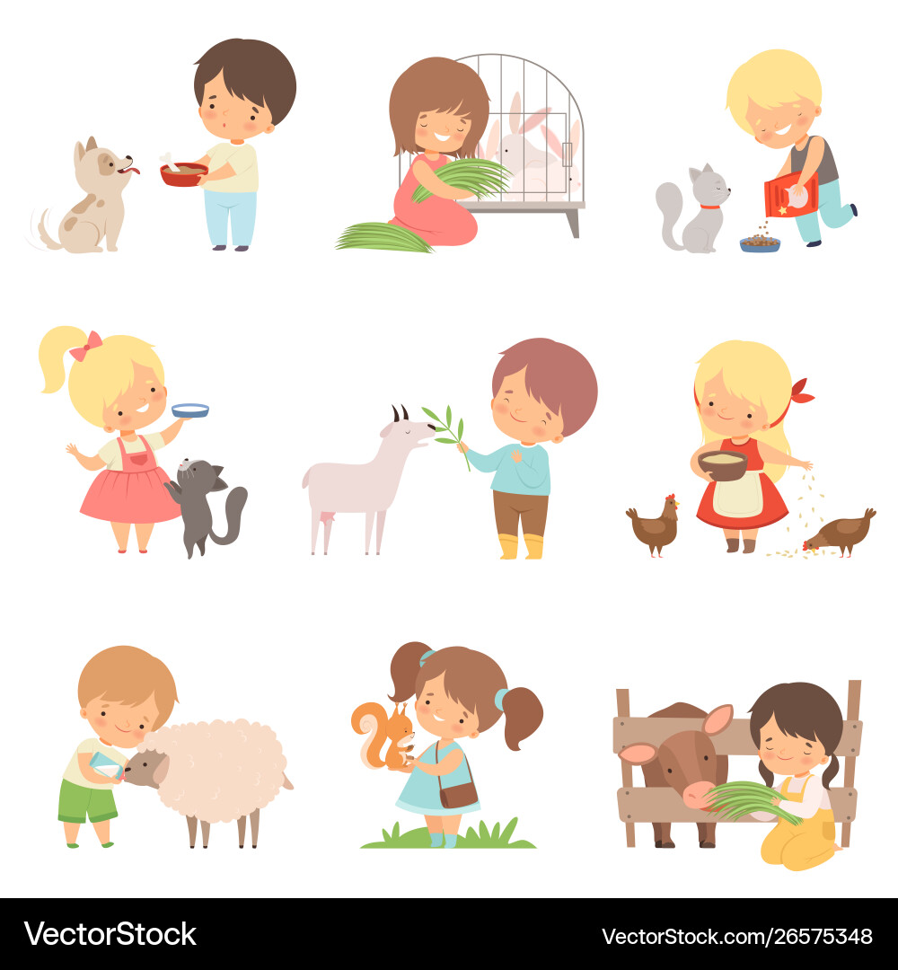 Kids Feeding Animals - Cute Cartoon Set Vector Image
