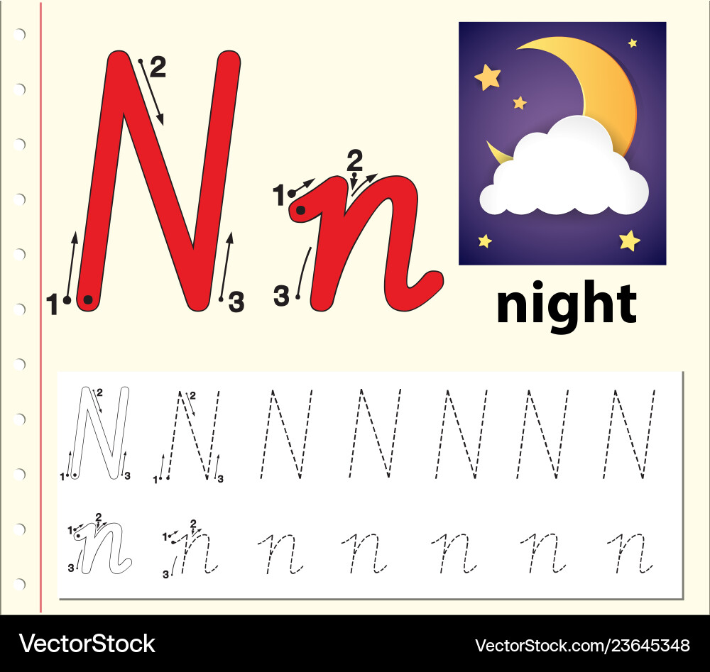 Letter n tracing alphabet worksheets vector image