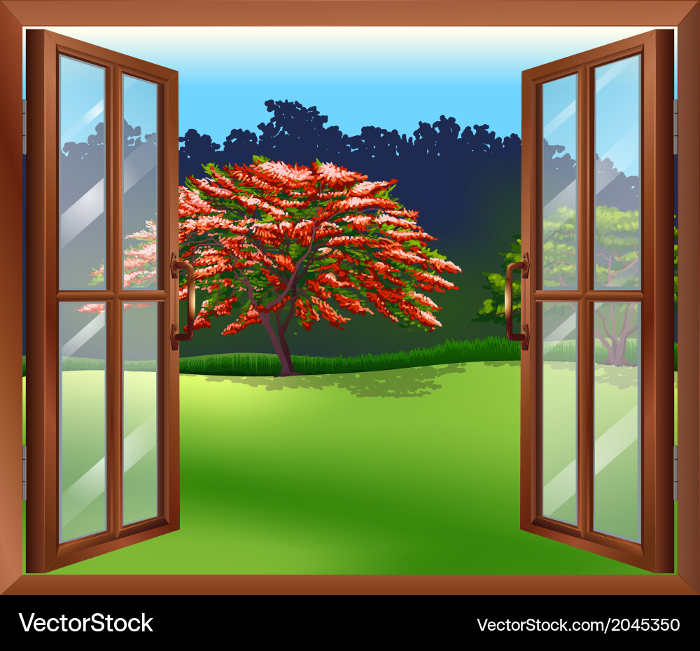 An open window with a view of the big tree vector image