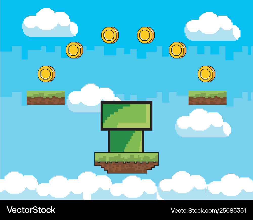 Arcade game world and pixel scene design vector image