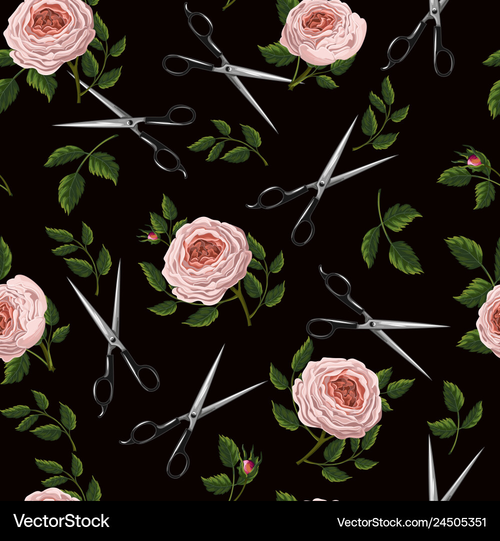 Seamless pattern with roses and scissors