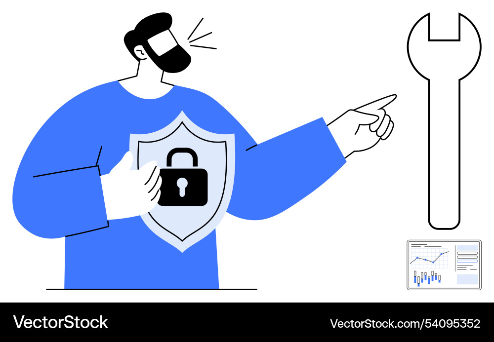 Man holding shield with padlock symbol pointing Man holding shield with padlock symbol pointing vector image
