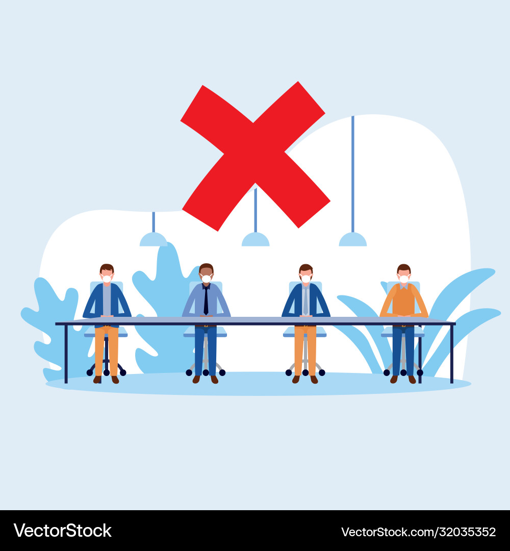 Office distancing between men with masks on table Vector Image