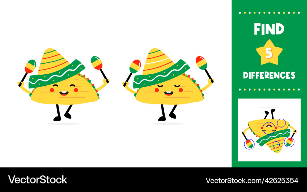 Find 5 differences in two taco characters game Find 5 differences in two taco characters game Vector Image