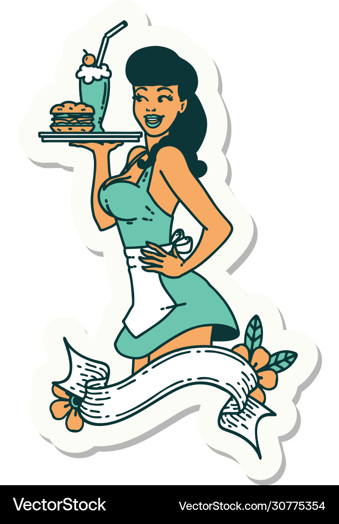 Retro Pinup Waitress Tattoo Sticker vector image