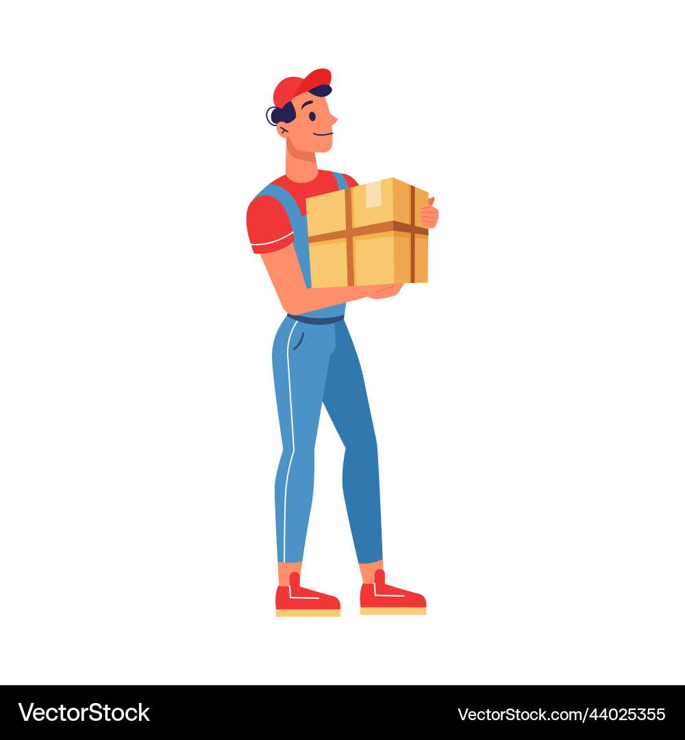 Courier in uniform with parcel box hands Courier in uniform with parcel box hands vector image