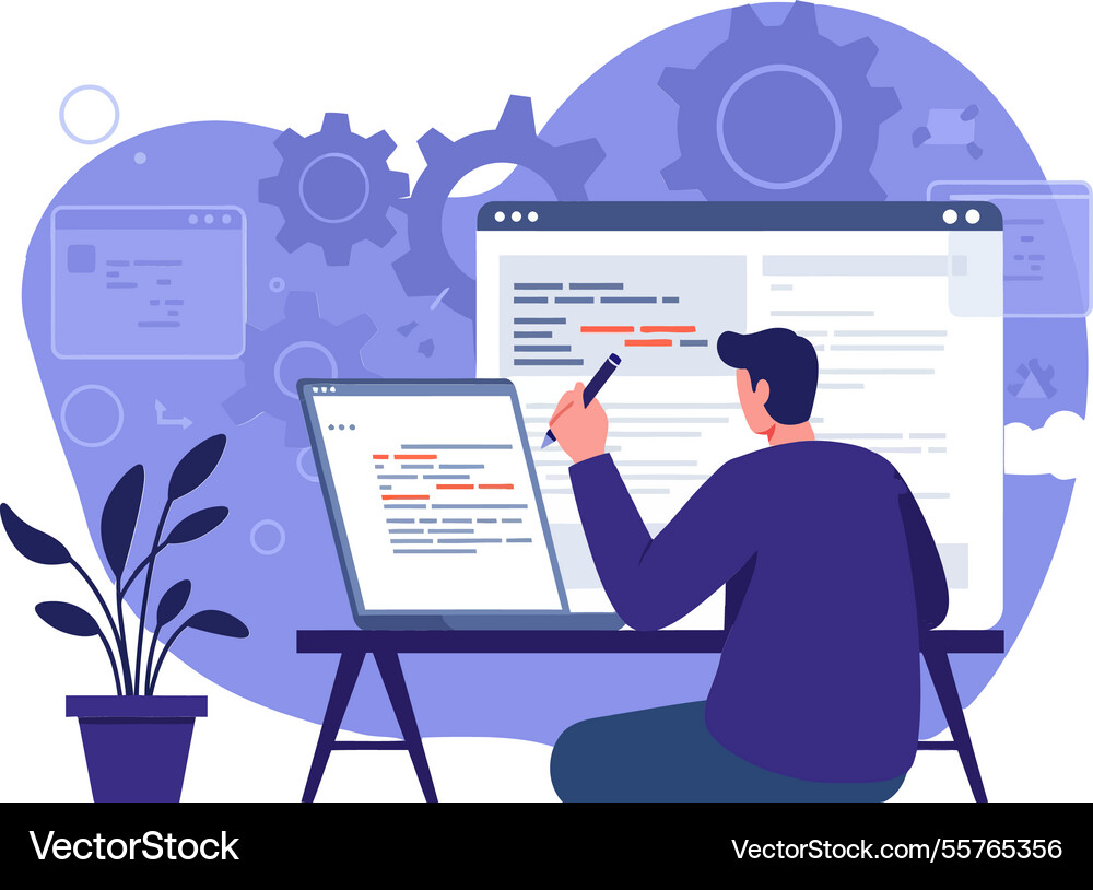 A man working intently at his desk with multiple A man working intently at his desk with multiple vector image