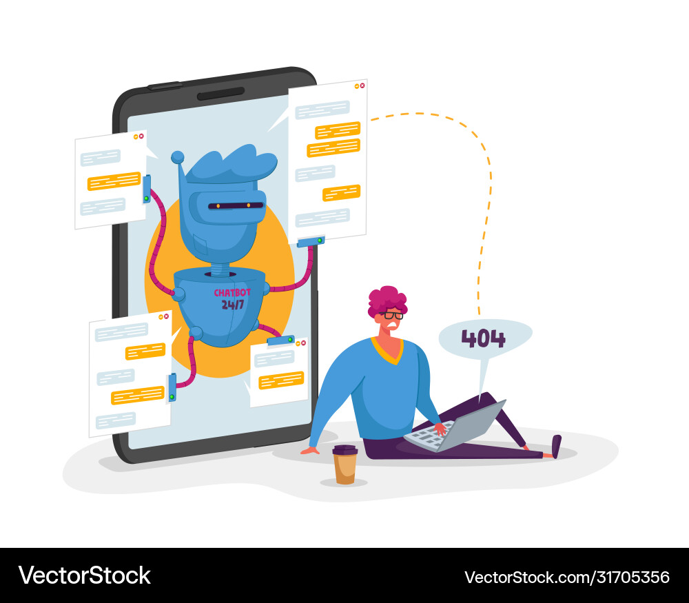 Client character with 404 error on laptop chatting vector image