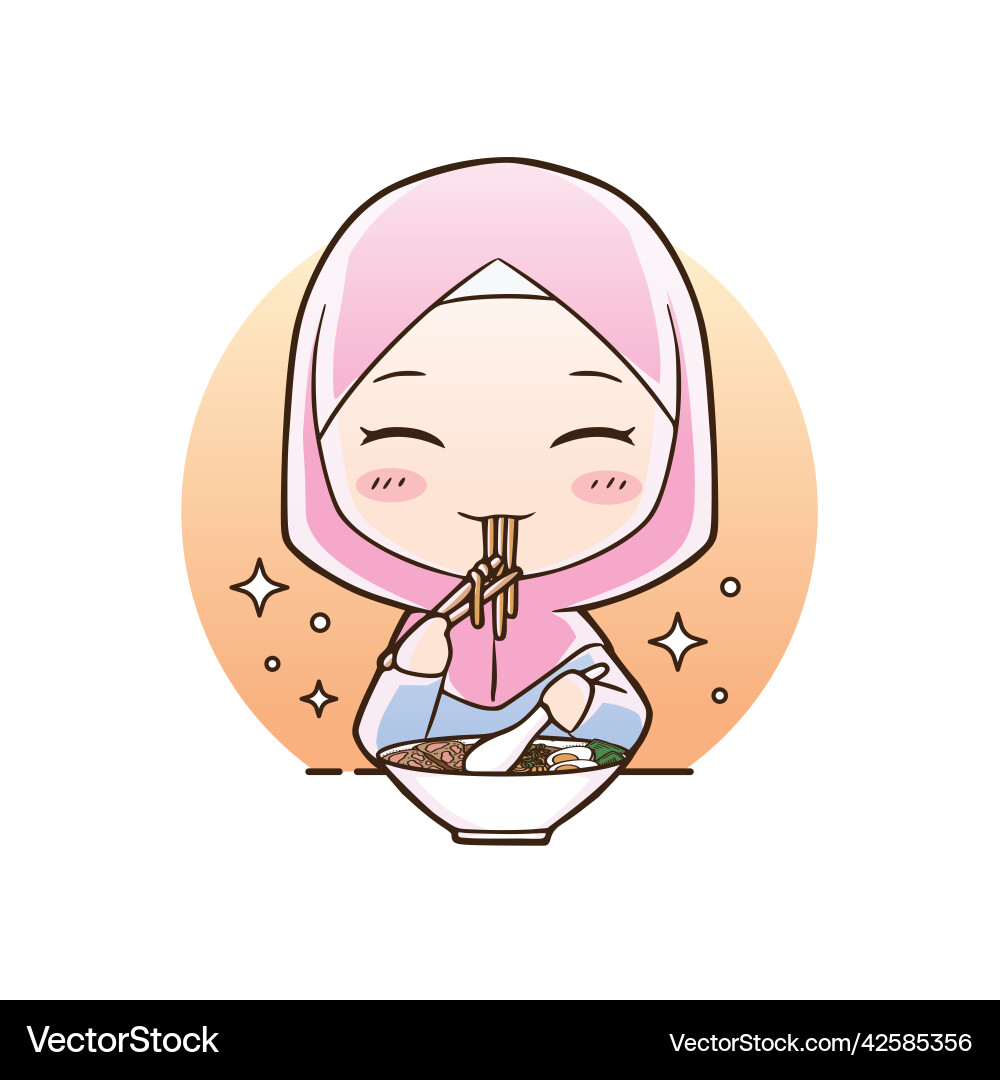 Cute girl eat halal ramen noodles food mascot logo vector image