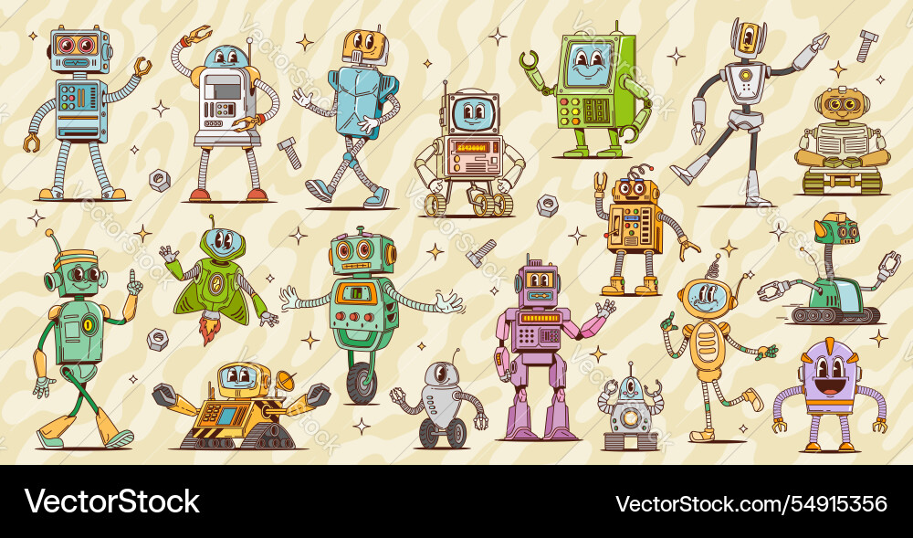 Retro groovy robot characters transformer toys Retro groovy robot characters transformer toys vector image