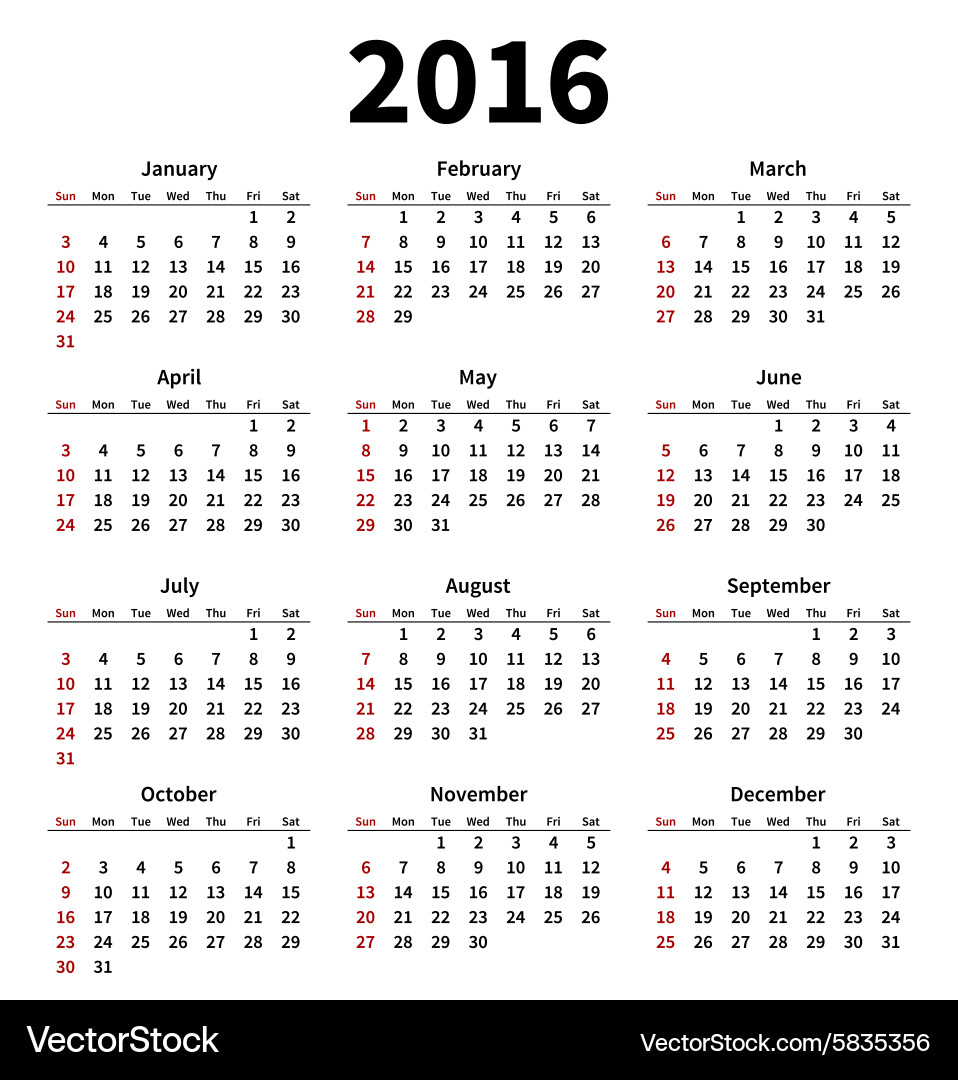 Simple 2016 year calendar on white background Vector Image