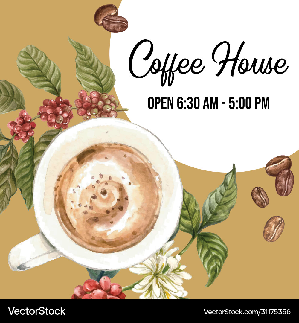 Watercolor Coffee Beans & Leaves Vector Image