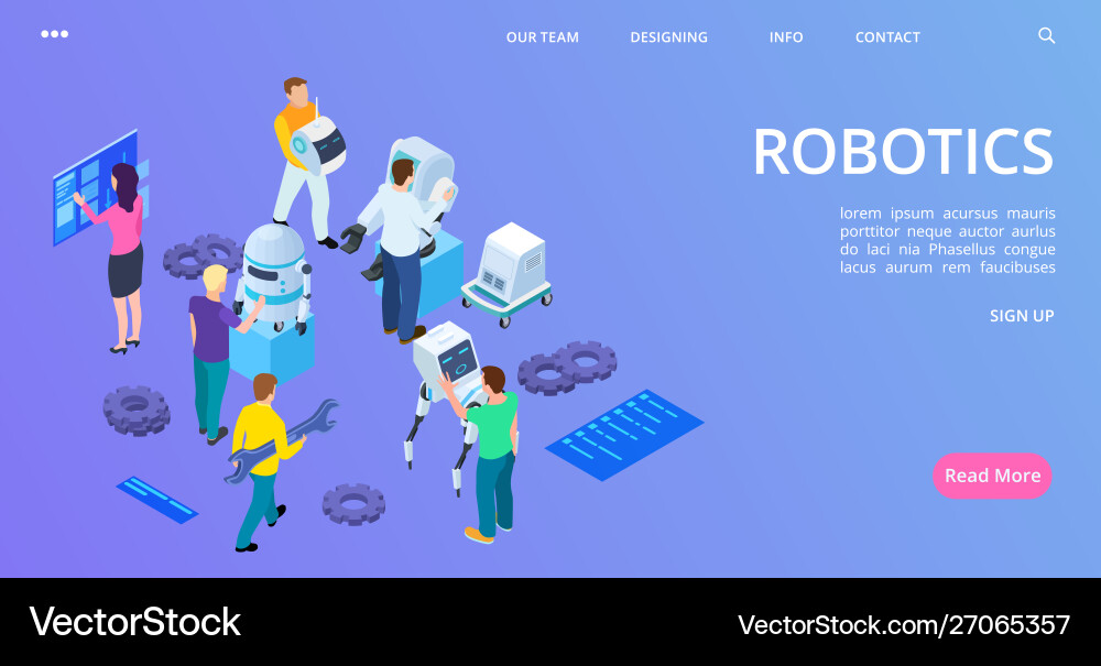 Isometric robotics landing page people building vector image