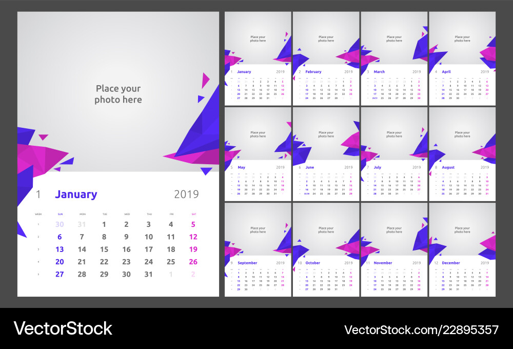 Kalender-Design für 2019 Set von 12 Seiten Kalender-Design für 2019 Set von 12 Seiten vektorbild