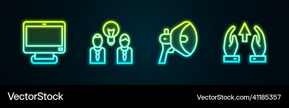 Set line computer monitor people with lamp bulb Set line computer monitor people with lamp bulb vector image
