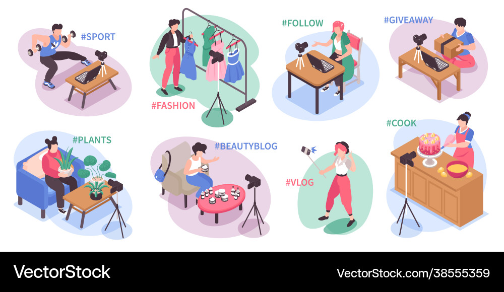 Blogger isometric set Royalty Free Vector Image