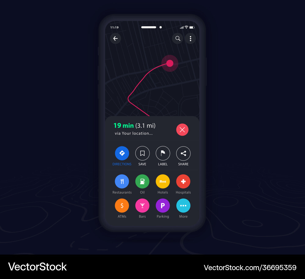Mobile Karte gps Navigation App dunkel Modus ux ui Vektorbild