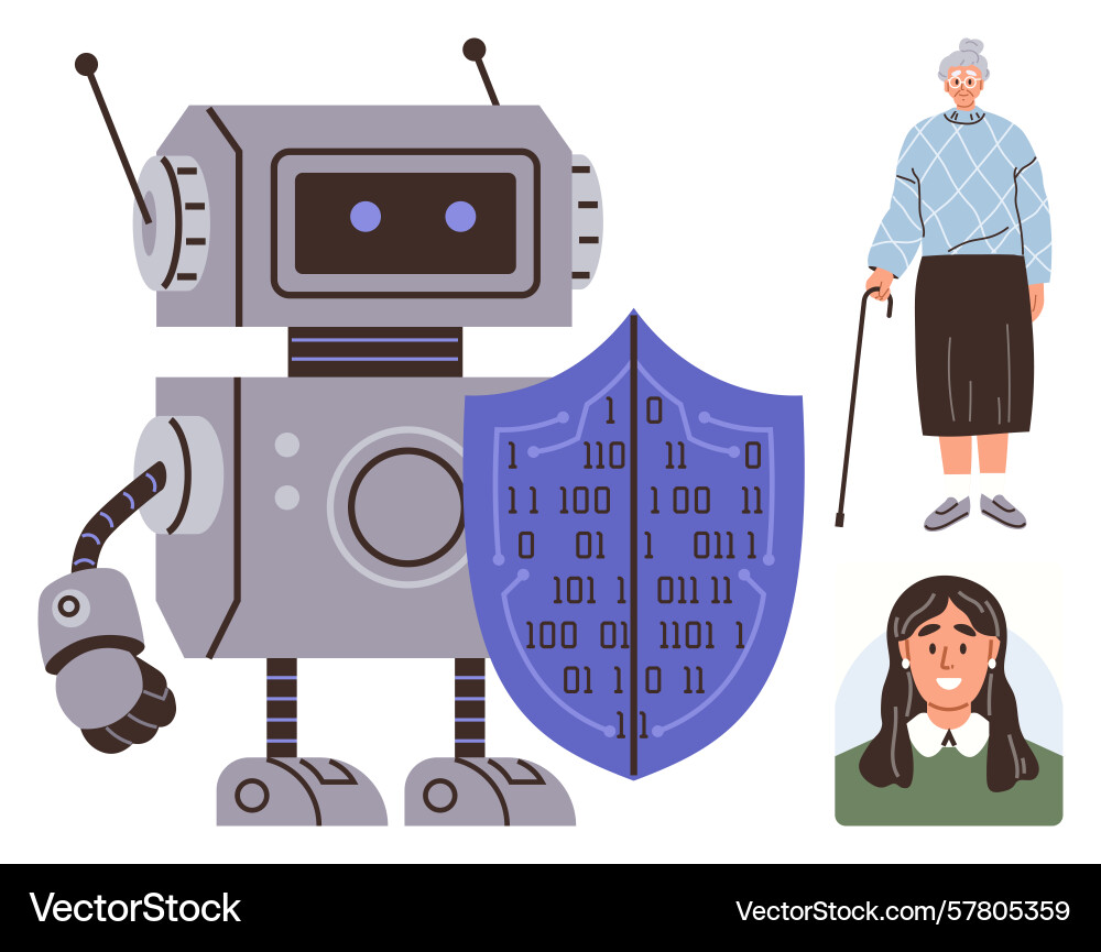 Roboter mit binärem Codeschild Schutz älterer Menschen Roboter mit binärem Codeschild Schutz älterer Menschen vektorbild