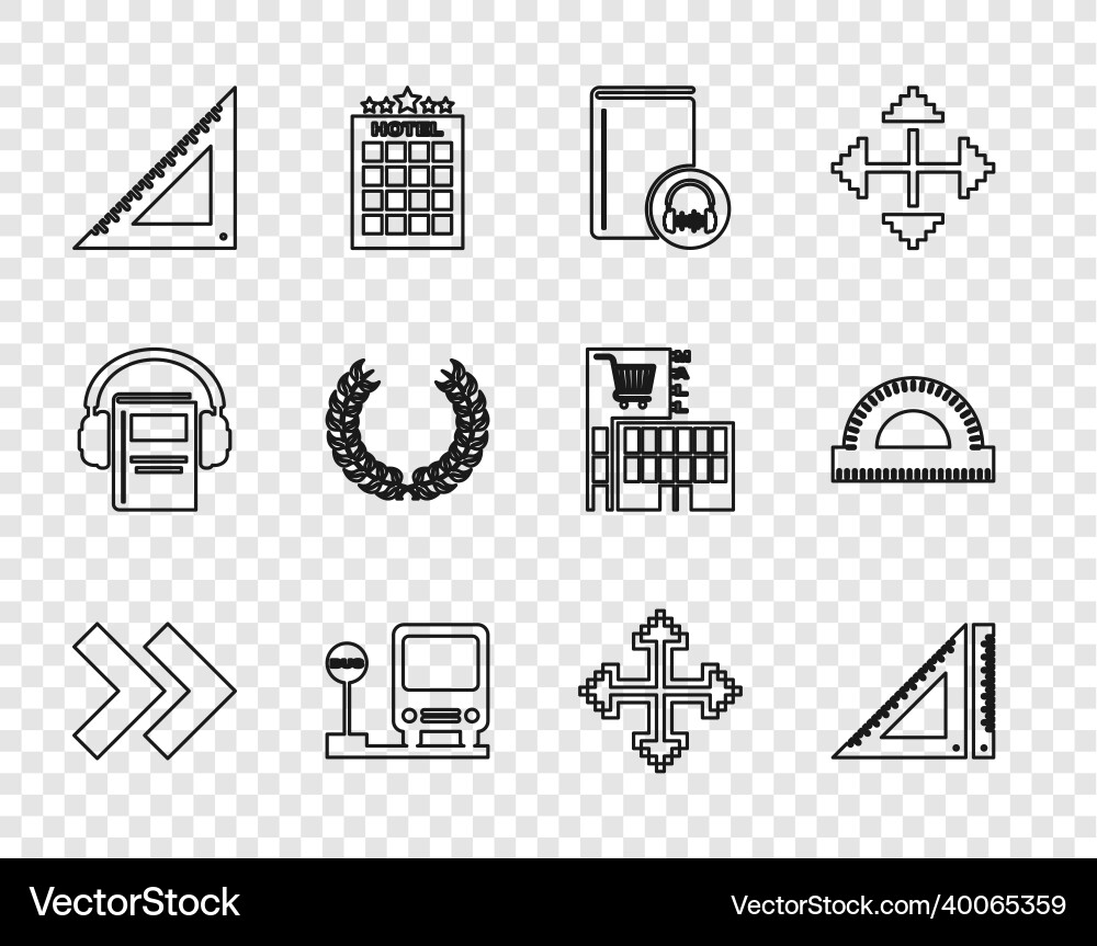 Set line arrow triangular ruler audio book bus Set line arrow triangular ruler audio book bus Vector Image