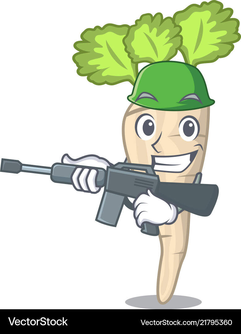 Army character parsnip root with leaf cartoon Army character parsnip root with leaf cartoon Vector Image