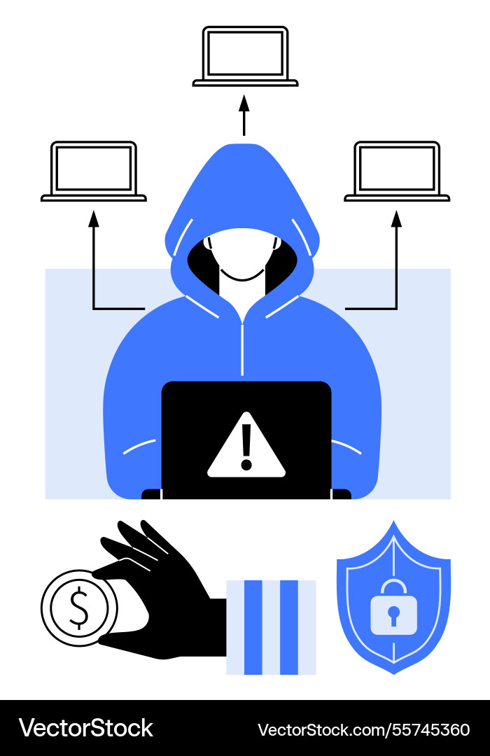 Hacker in a hoodie accessing laptops Hacker in a hoodie accessing laptops vector image